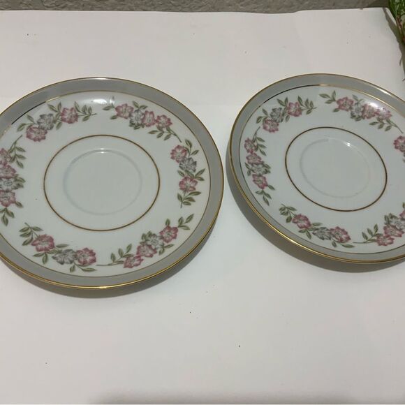 Noritake 5433 Saucer Red and Gray Flowers Gray Band Japan set of 2 G5 - Picture 1 of 5